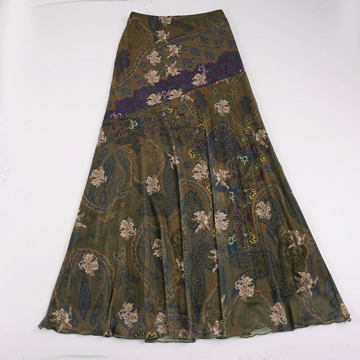 Damen Maxirock im Boho‑Look mit ausgestellter A‑Linie und Paisley‑Floraler Musterung Drune