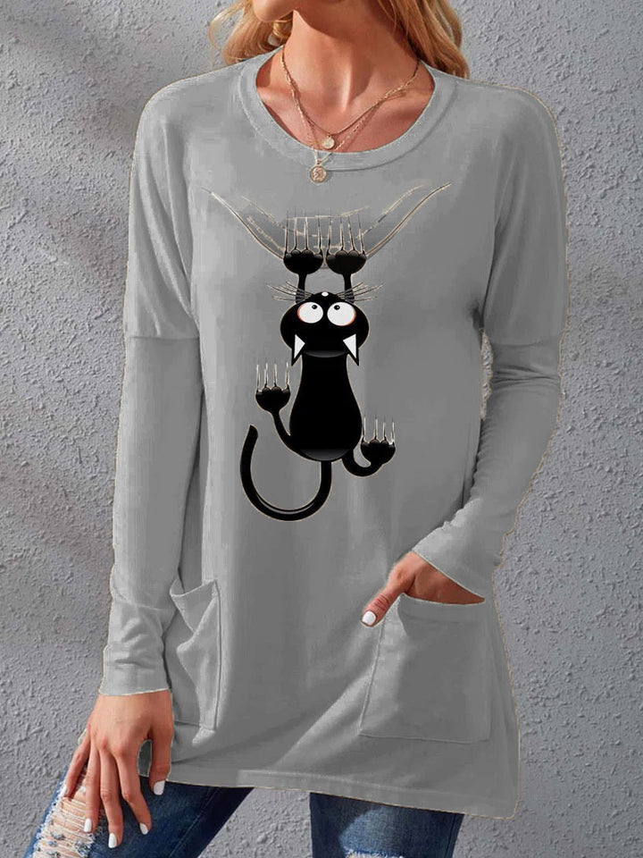 Damen Langere Baumwollmischung Tunika Shirt mit Cartoon-Katzen-Druck und Seitentaschen Drune
