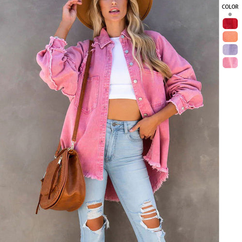 Damen nan oversized Hemdjacke im Used‑Look mit ausgefransten Kanten und aufgesetzten Pattentaschen Drune