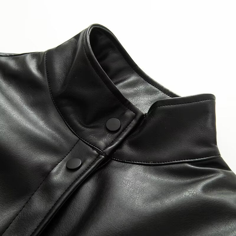 Damen stylische Kunstlederjacke mit Stehkragen Drune