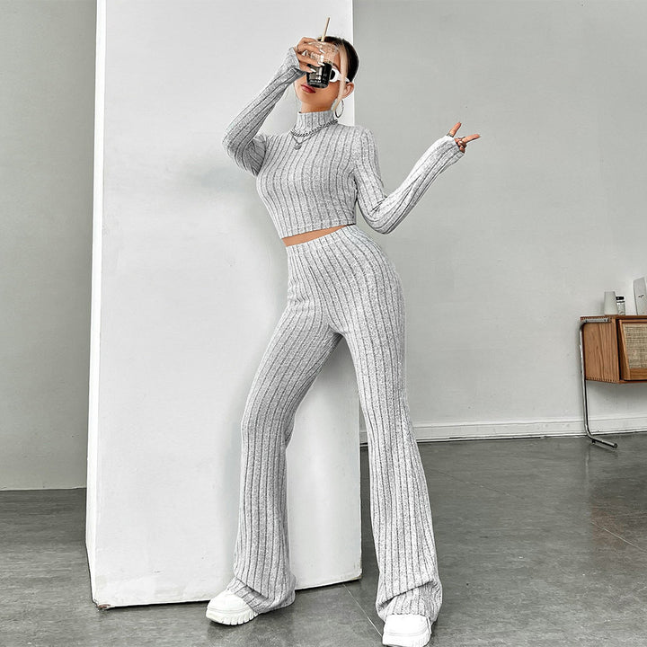 Damen geripptes Strick-Lounge-Set mit Rollkragen-Cropped und weiter Schlaghose Drune