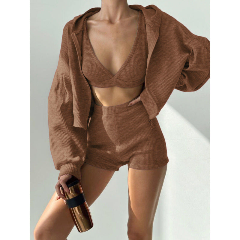 Damen nan kurzes geripptes Lounge-Set mit Kapuzen-Zipjacke und Highwaist-Shorts Drune