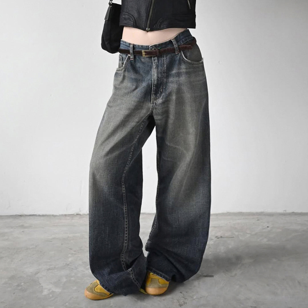 Damen High-Waist Jeans mit weitem Bein und stufenförmiger Waschung Drune