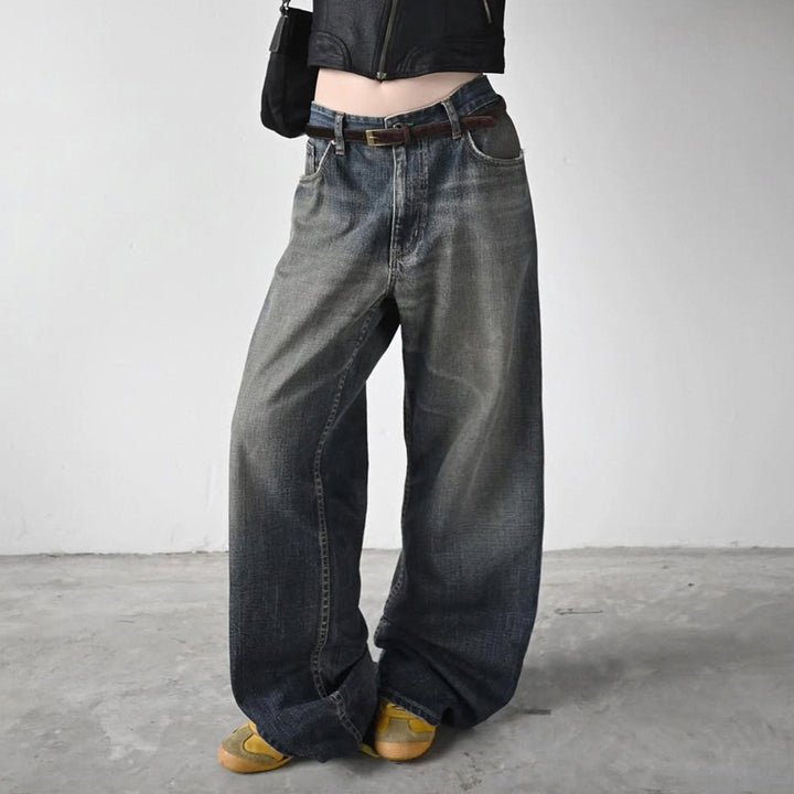 Damen High-Waist Jeans mit weitem Bein und stufenförmiger Waschung Drune