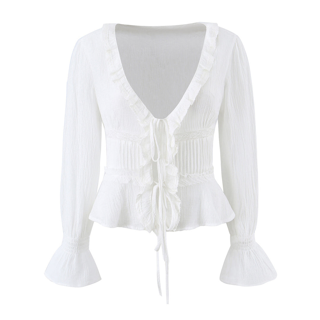 Damen Rüschige V‑Neck‑Bluse mit Taillenraffung und Glockenärmeln Drune
