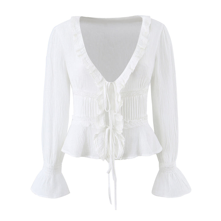 Damen Rüschige V‑Neck‑Bluse mit Taillenraffung und Glockenärmeln Drune