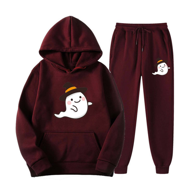 Unisex nan kuscheliger Kapuzenpullover und Jogginghose Set mit Halloween-Geistprint Drune