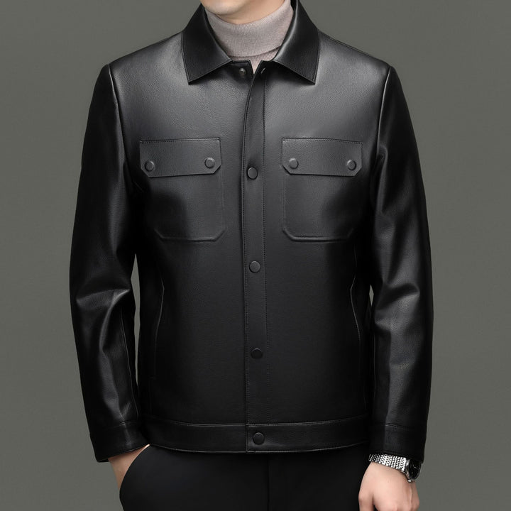 Herren Lederjacke im Shirtstil mit Druckknopfverschluss und aufgesetzten Brusttaschen Drune