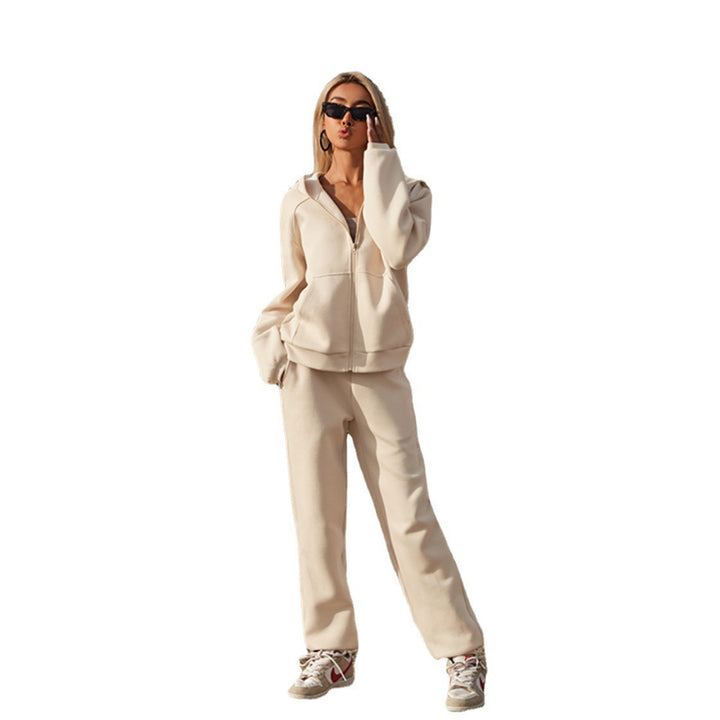 Damen nan athletisches Freizeit-Set mit Zip-Hoodie im Oversize-Schnitt und taillenhoher Komfort-Jogginghose Drune