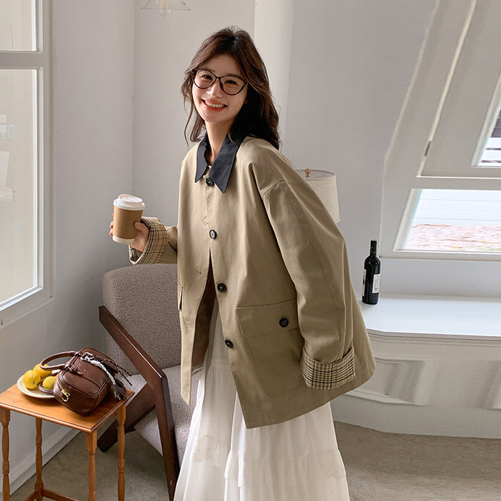 Damen Oversized Übergangsjacke mit Kontrastkragen und karierter Aufschlagmanschette Drune