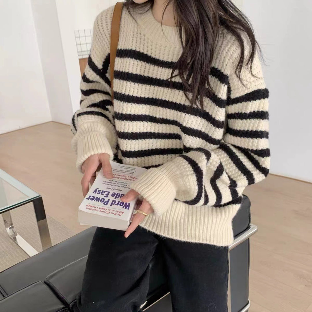 Damen gestreifter Strickpullover mit bequemem Rundhalsausschnitt und lockerer Passform Drune