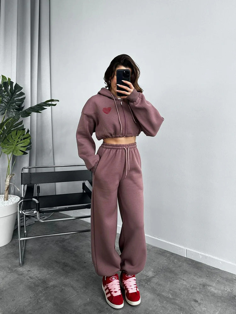 Damen Cropped Kapuzenpullover und hohe Taille Wide-Leg Jogginghose Set Drune
