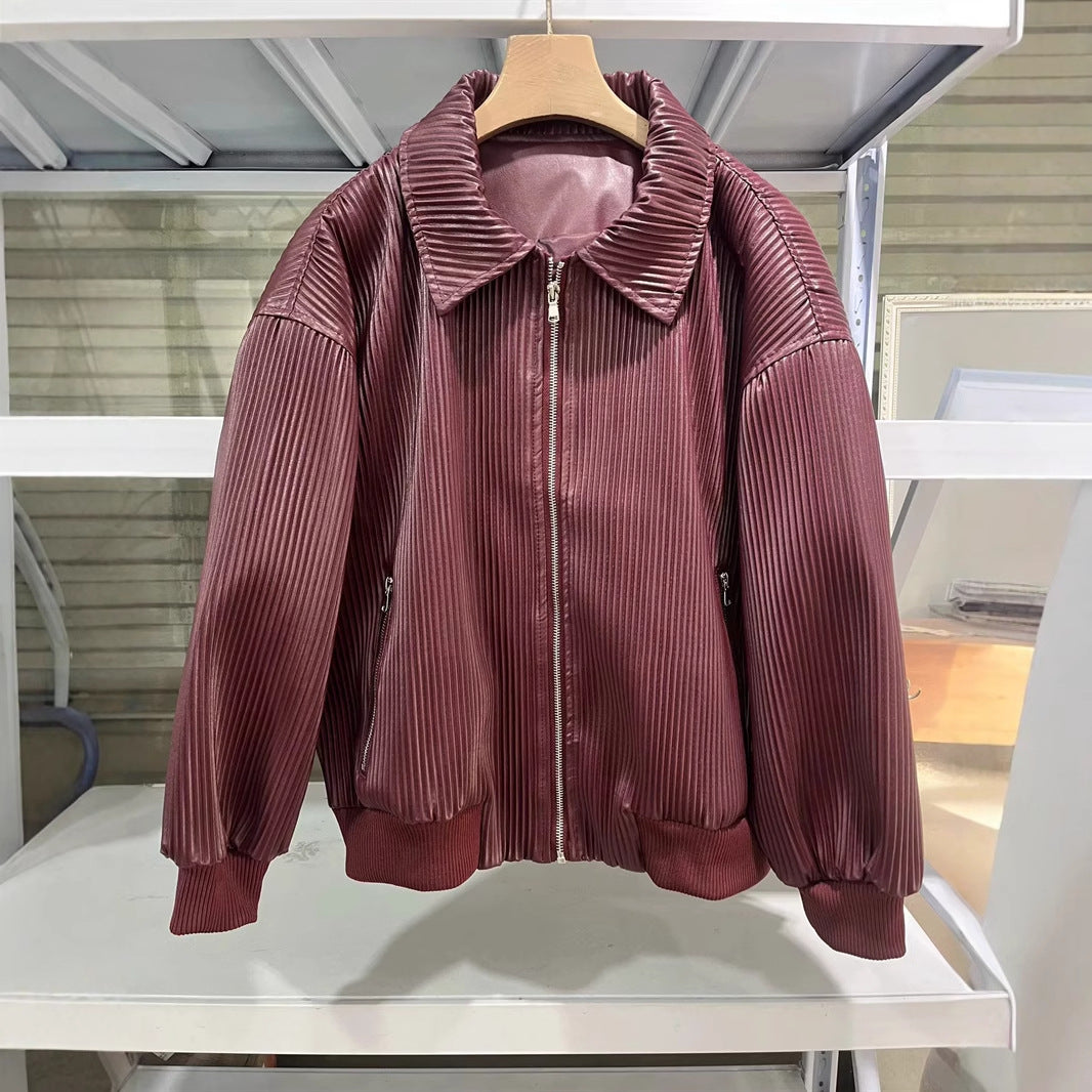 Damen nan plissierte Kunstleder-Bomberjacke mit Reißverschluss, Hemdkragen und elastischen Rippbündchen Drune