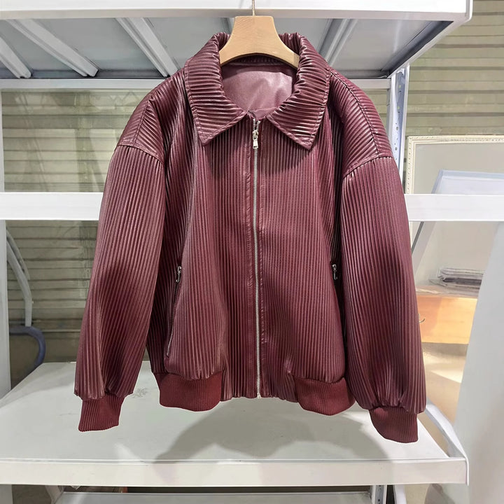 Damen nan plissierte Kunstleder-Bomberjacke mit Reißverschluss, Hemdkragen und elastischen Rippbündchen Drune
