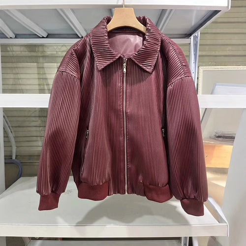 Damen nan plissierte Kunstleder-Bomberjacke mit Reißverschluss, Hemdkragen und elastischen Rippbündchen Drune