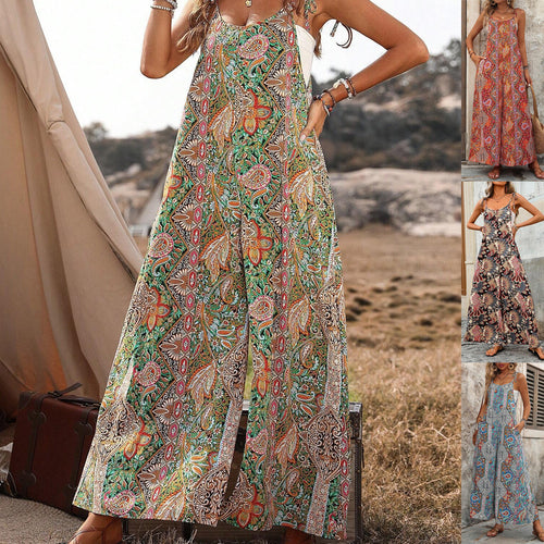 Damen Weiter Palazzo-Overall mit verstellbaren Trägern, Seitentaschen und Boho-Print Drune