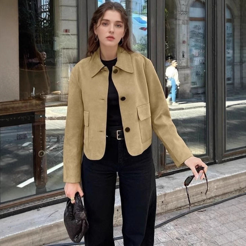 Damen Elegante Kunstlederjacke mit angedeuteten Taschen Drune