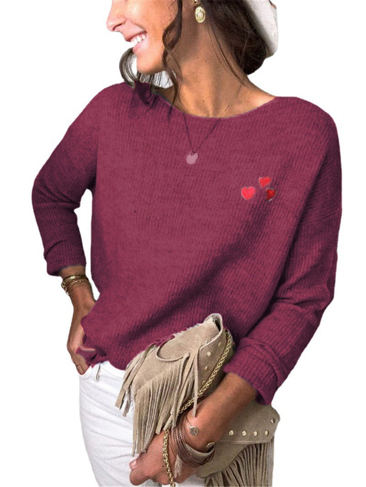 Damen Leichter Feinstrickpullover mit U-Boot-Ausschnitt, lockerem Sitz und Herzstickerei Drune