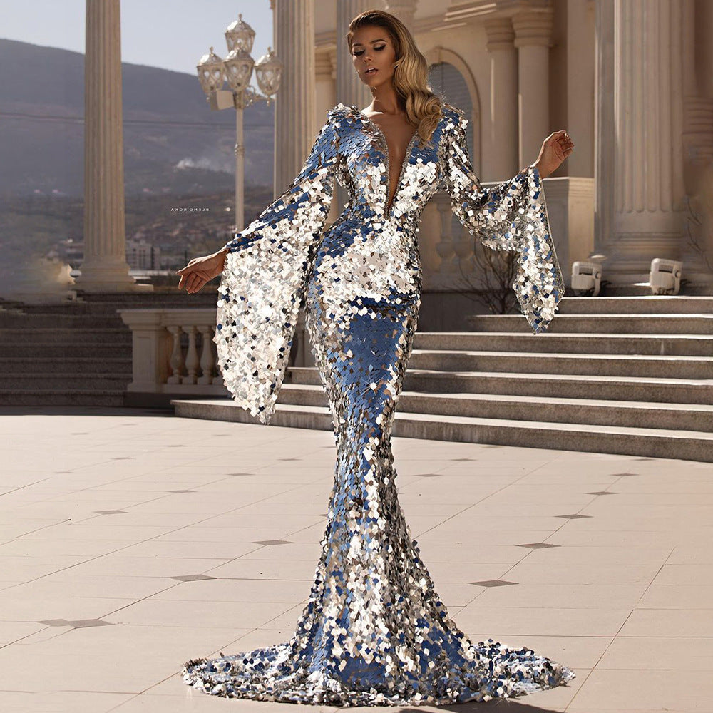Damen Glamouröses Pailletten Abendkleid mit tiefem V-Ausschnitt und langen Ärmeln Drune