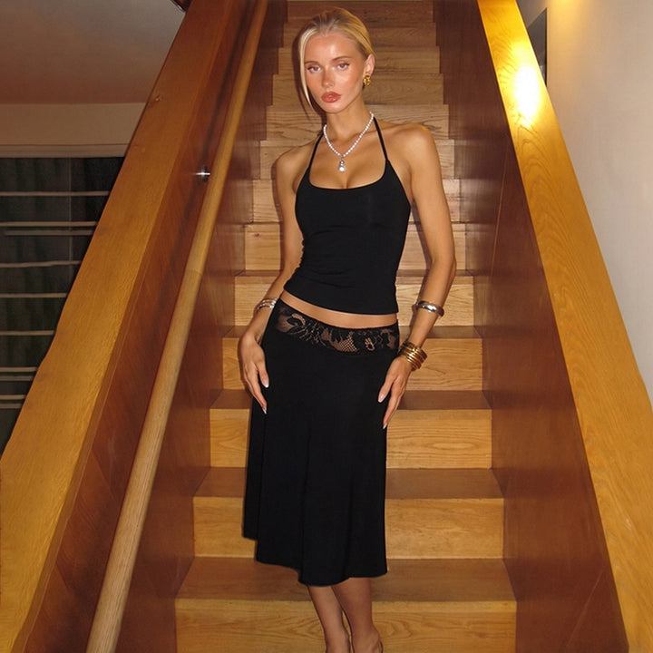 Damen elegantes Trägerkleid mit Spitzenakzent und fließendem Schnitt Drune