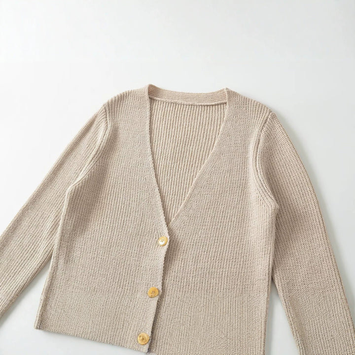 Damen Longline Strickcardigan mit V‑Ausschnitt und Holzknöpfen Drune