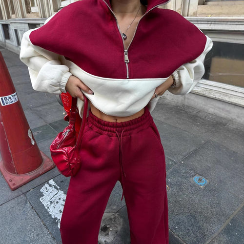 Damen Oversized Zweifarbiges Half-Zip Loungewear-Set mit Stehkragen und weitem Palazzo-Jogger Drune