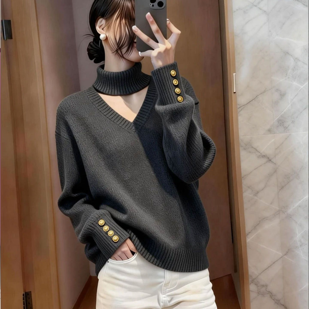 Damen Luxus Strickpullover mit Rollkragen und Knopfdetails Drune