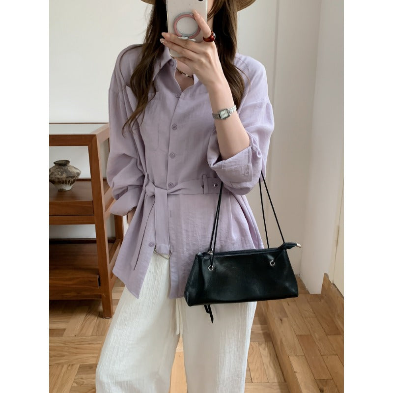 Damen Weit geschnittene Leinen‑Hemdbluse mit Taillengürtel und Brusttasche Drune
