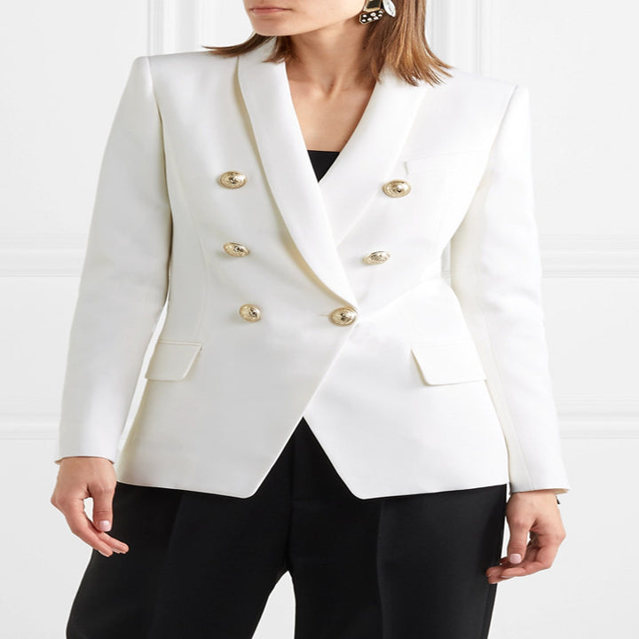Damen Taillierter Zweireihiger Blazer im Smoking-Tailoring mit Schalkragen und goldenen Zierrundknöpfen Drune