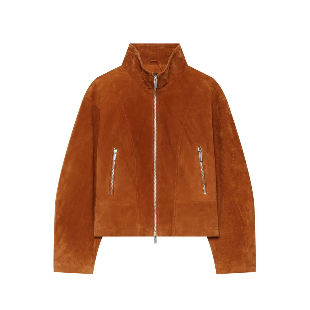 Damen Cropped Velourslederjacke mit Stehkragen und durchgehendem Reißverschluss Drune