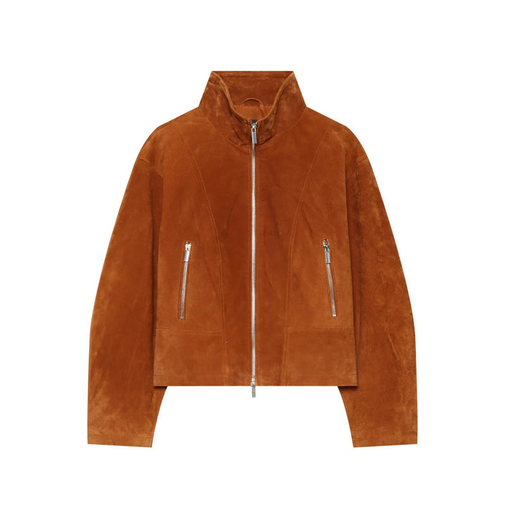 Damen Cropped Velourslederjacke mit Stehkragen und durchgehendem Reißverschluss Drune