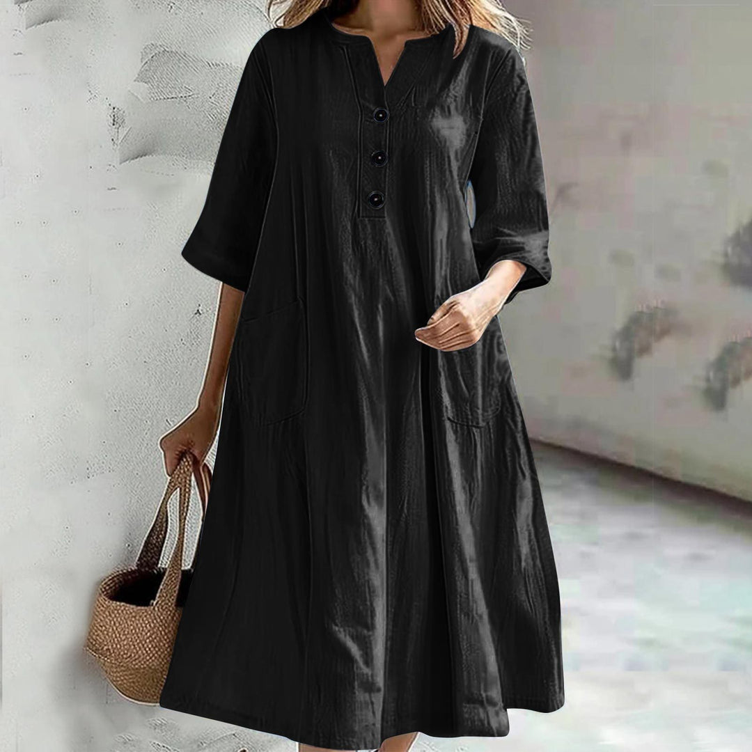 Damen nan locker fallendes A-Linien Kleid mit V-Ausschnitt-Knopfleiste, 3/4-Ärmeln und aufgesetzten Eingrifftaschen Drune