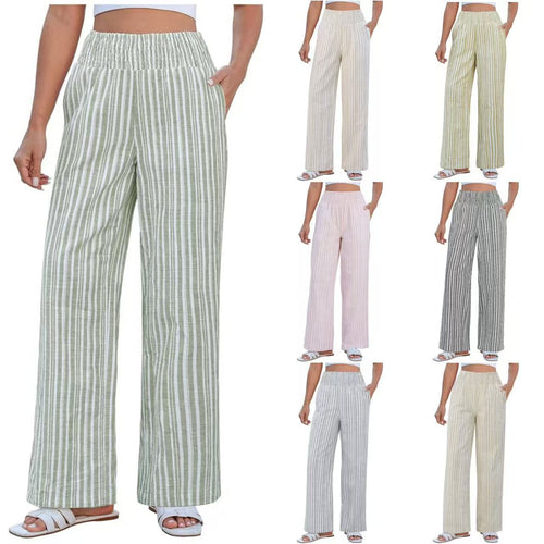 Damen Leichte Leinenhose mit weitem Bein, hoch geschnittener geraffter Gummibund und Seitentaschen Drune