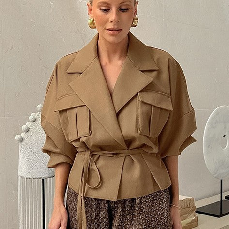 Damen Elegante Utility-Jacke mit Taillengürtel und praktischen Taschen Drune