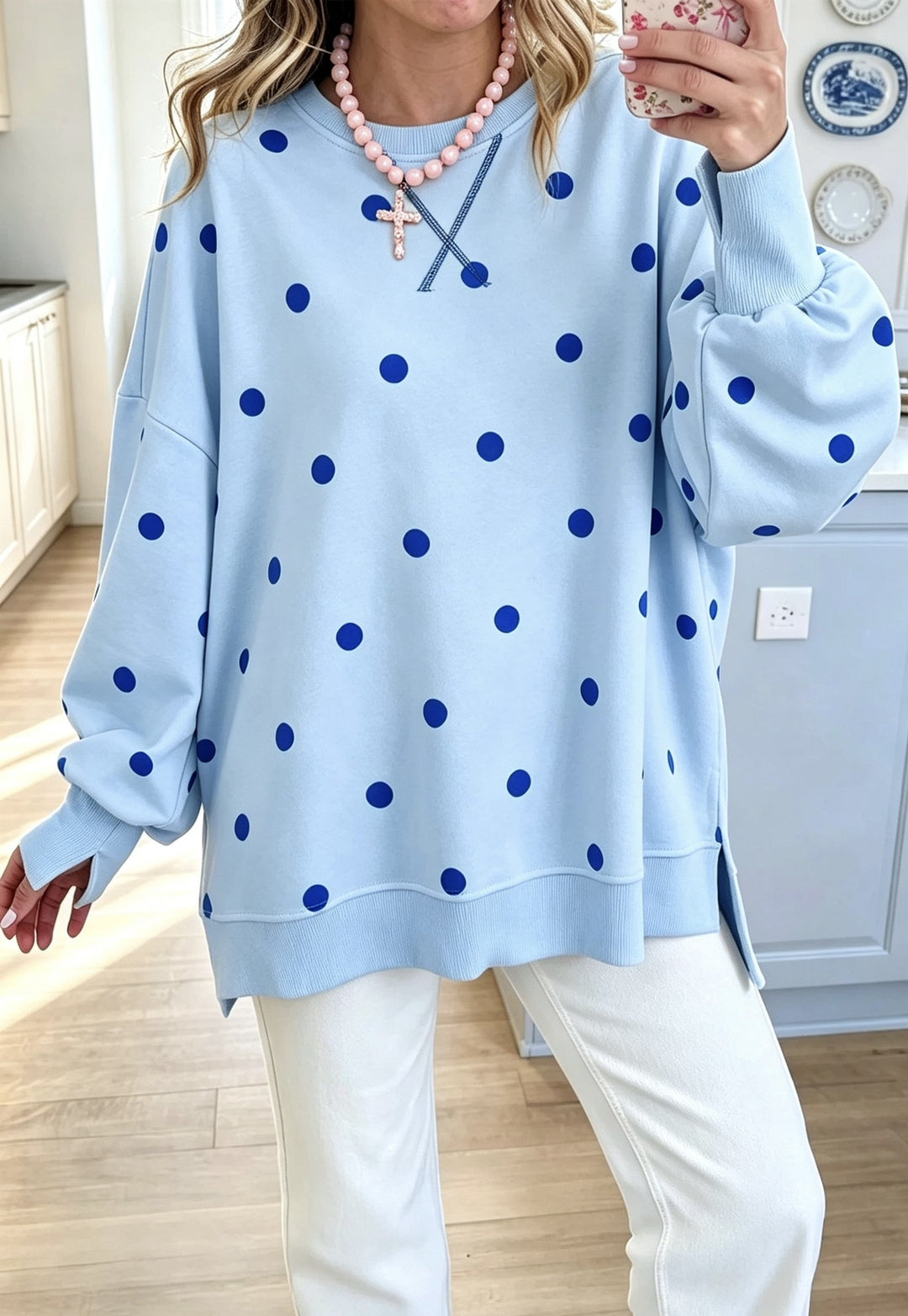 Damen Oversize-Sweatshirt mit Puffärmeln, Polka-Dots und Seitenschlitzen Drune
