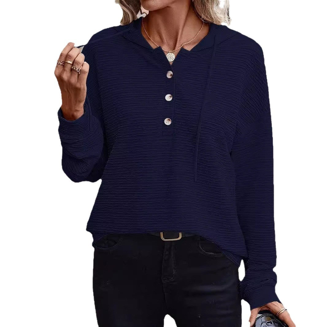 Damen Texturierter Kapuzen-Henleypullover mit Knopfleiste Drune