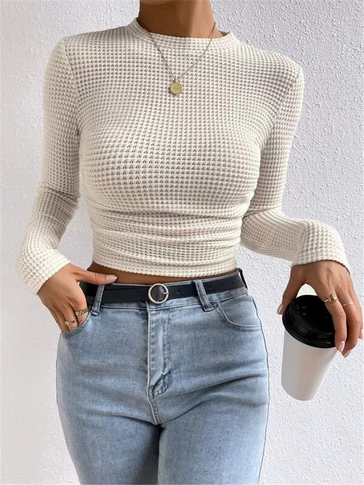 Damen nan tailliertes kurzgeschnittenes Waffelstrickshirt mit Rundhalsausschnitt und figurbetonter Passform Drune