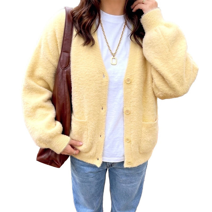 Damen Kuschelige Oversize-Cardigan aus Teddy-Fleece mit V-Ausschnitt, aufgesetzten Taschen & Rippbündchen Drune