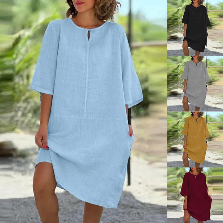 Damen luftig geschnittenes Kleid mit praktischen Taschen und elegantem Ausschnitt Drune