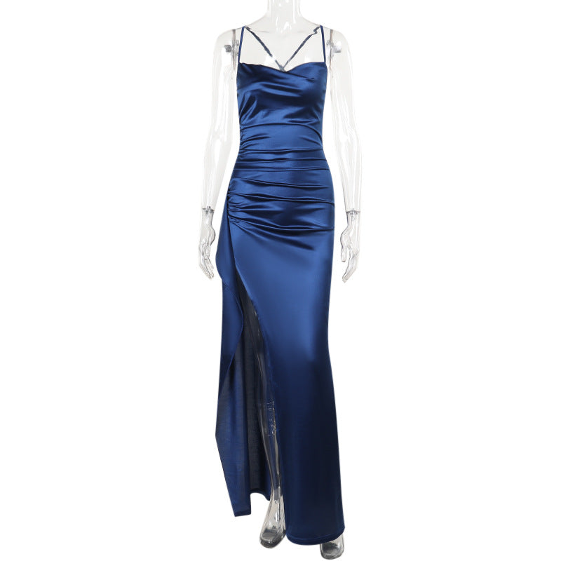 Damen elegantes Satin-Kleid mit tiefem Schlitz und verstellbaren Spaghetti-Trägern Drune
