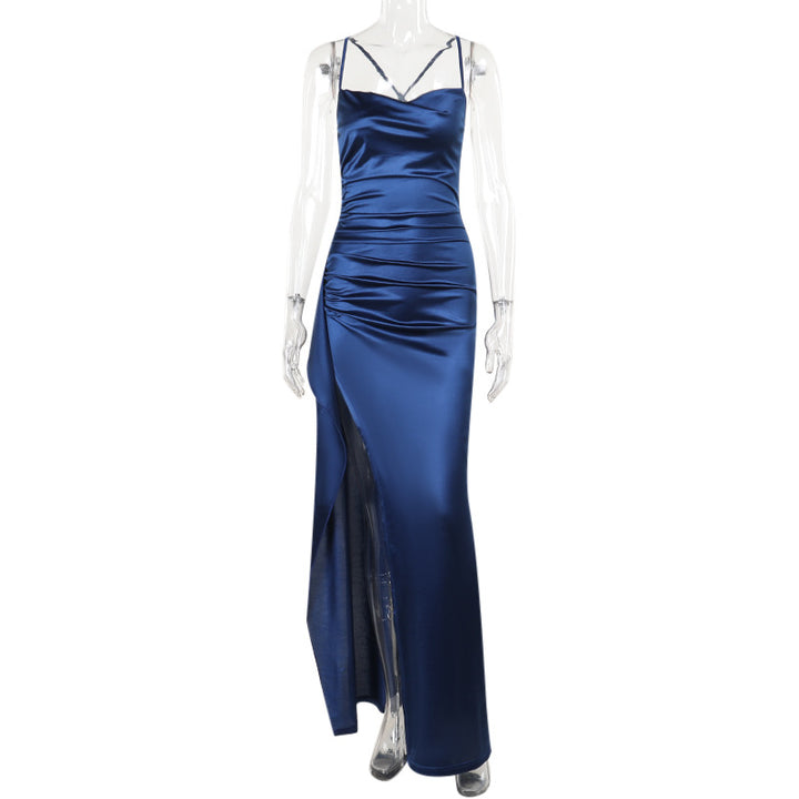 Damen elegantes Satin-Kleid mit tiefem Schlitz und verstellbaren Spaghetti-Trägern Drune