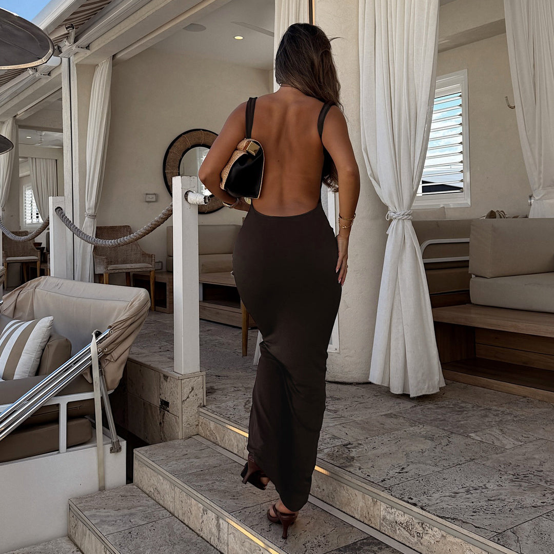Damen elegantes Maxikleid mit Spaghettiträgern und figurbetonter Silhouette Drune