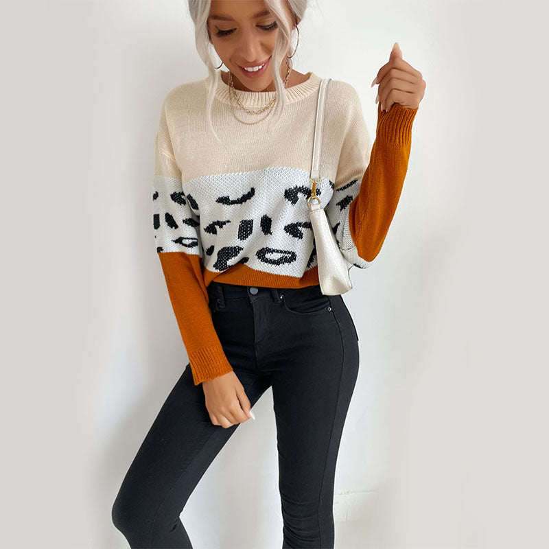 Damen Colorblock Strickpullover mit Leopardenmuster, Rundhals und lässiger Passform Drune