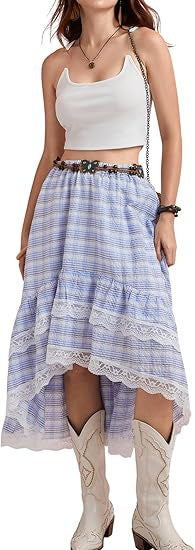 Damen Boho Maxi-Rock mit asymmetrischem Saum und Spitzenverzierungen Drune