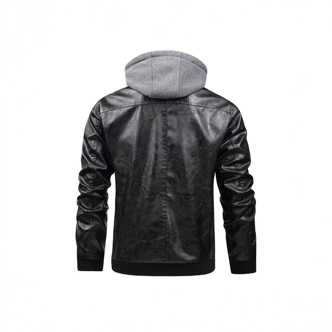 Herren Modische Kunstlederjacke mit abnehmbarer Kapuze Drune