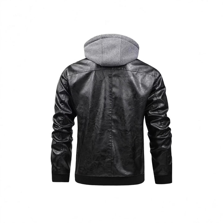 Herren Modische Kunstlederjacke mit abnehmbarer Kapuze Drune