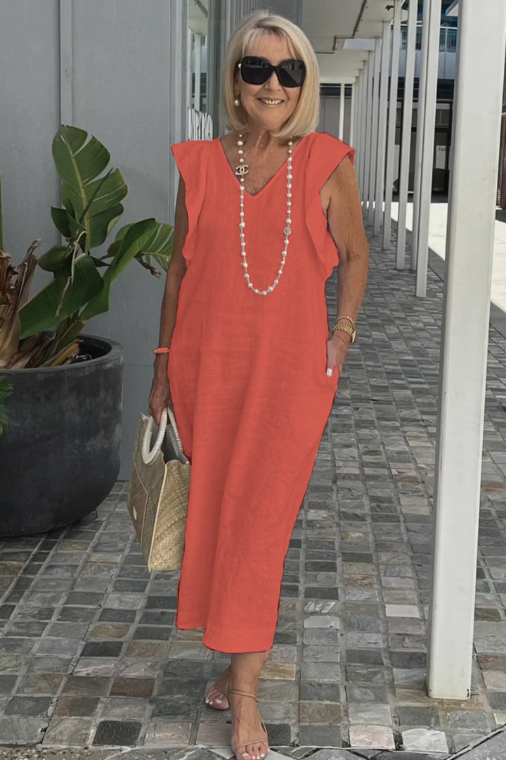 Damen Maxikleid mit V-Ausschnitt und angeschnittenem Ärmel Drune