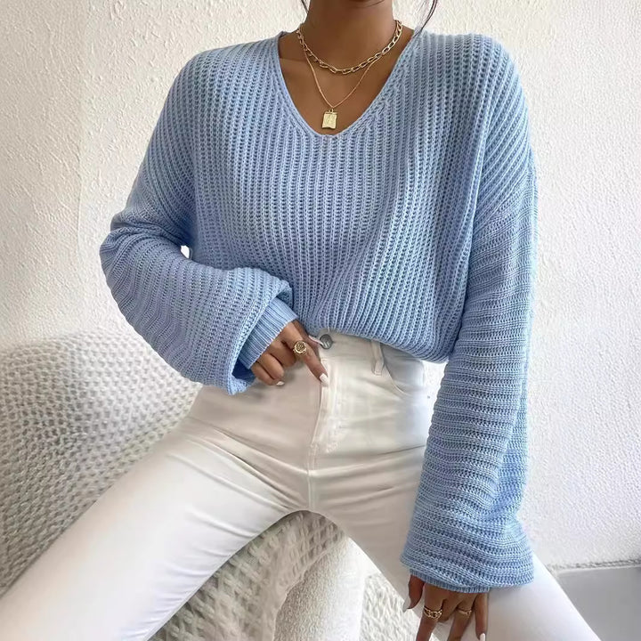 Damen lässiger Strickpullover mit weitem V-Ausschnitt und oversize Ärmeln Drune