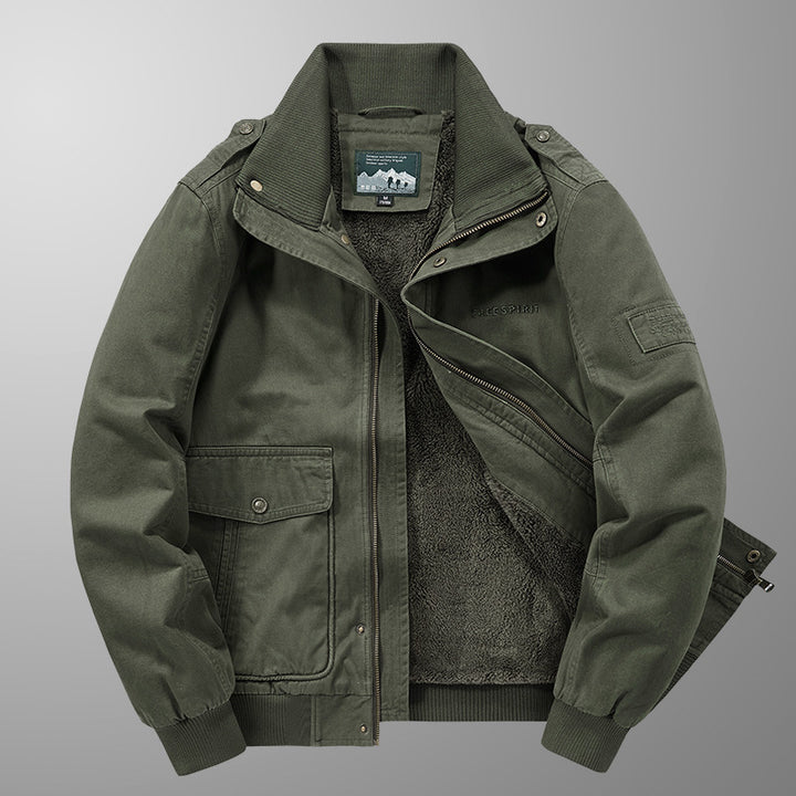 Herren Thermo-Canvasblouson mit durchgehendem Teddyfutter, Rippkragen und Utility‑Pattentaschen Drune