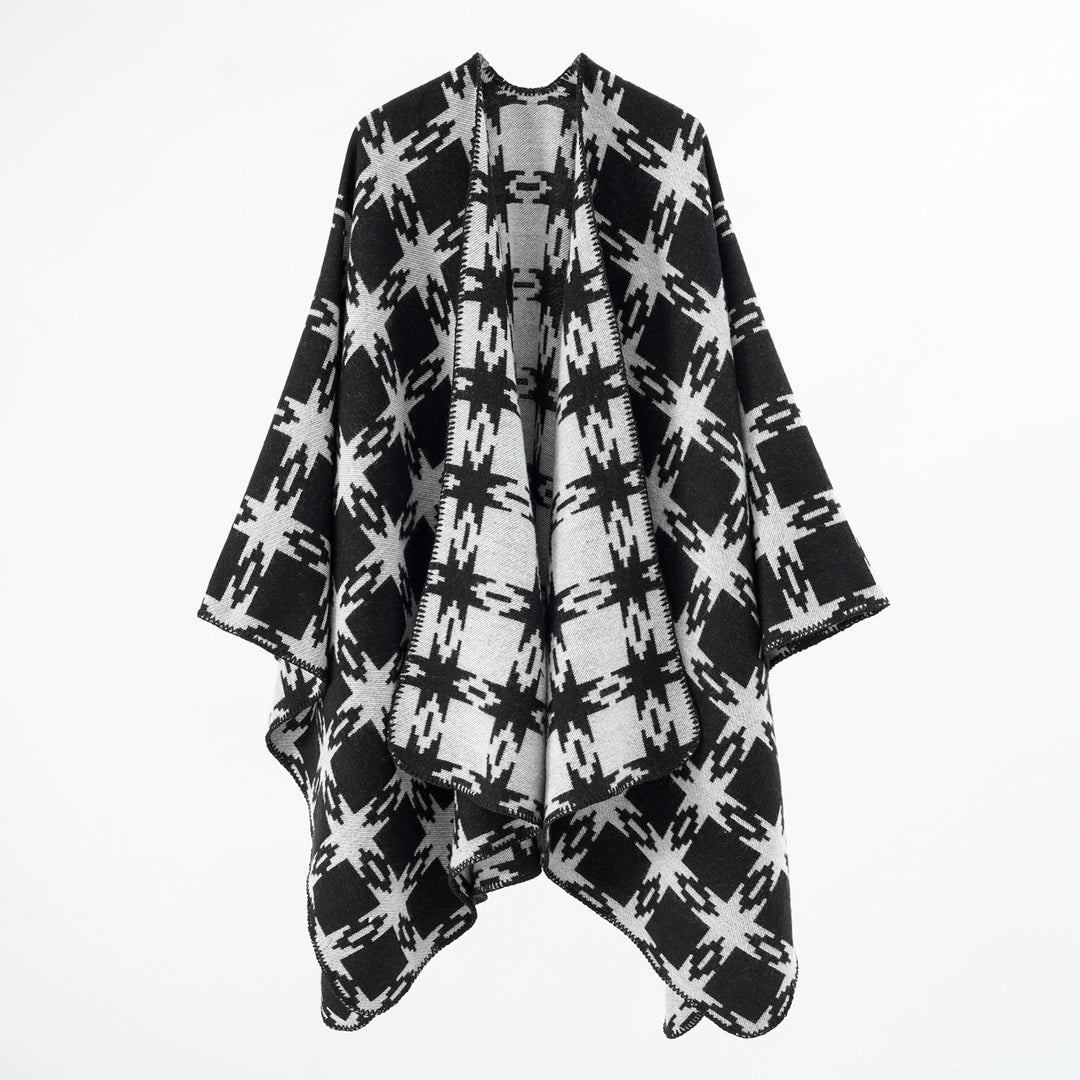 Damen Oversize-Jacquard-Cape mit Sternmotiv und kontrastierter Kettelkante Drune